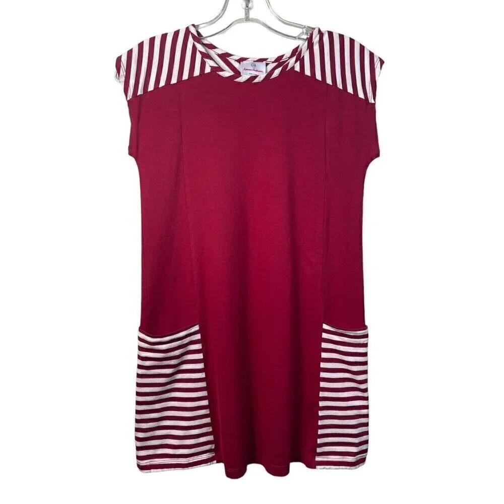 Hanna Andersson Tunic Red/Cream Girls Dress Oversize Pockets Size 10 US 140cm